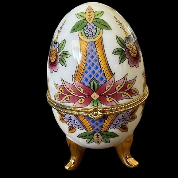 Porcelain Faberge Style Hand Painted Egg Trinket Box Unique Gift Jewelry Holder - Picture 2 of 9